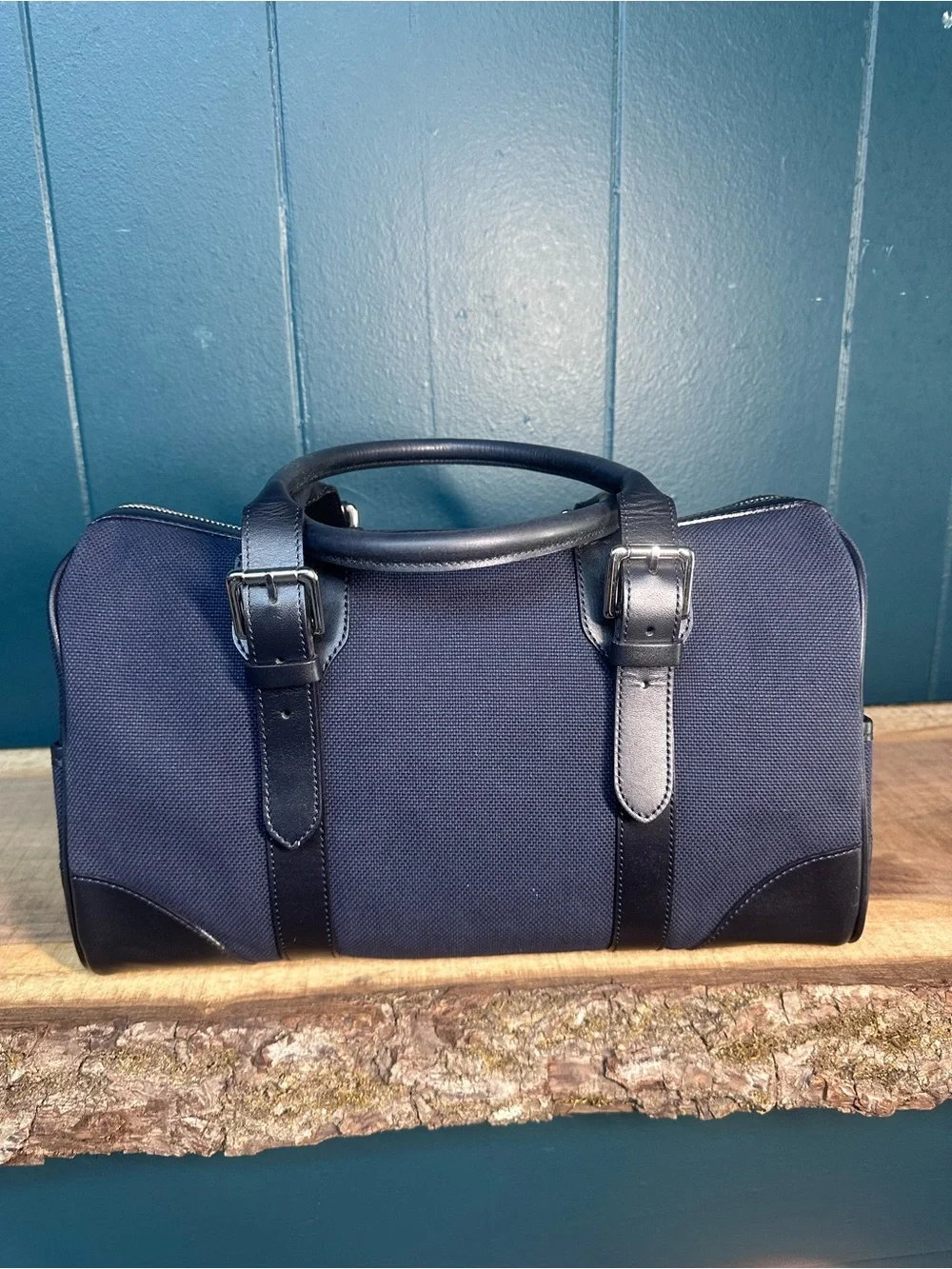 Tru Trussardi Navy Canvas & Black Leather Satchel